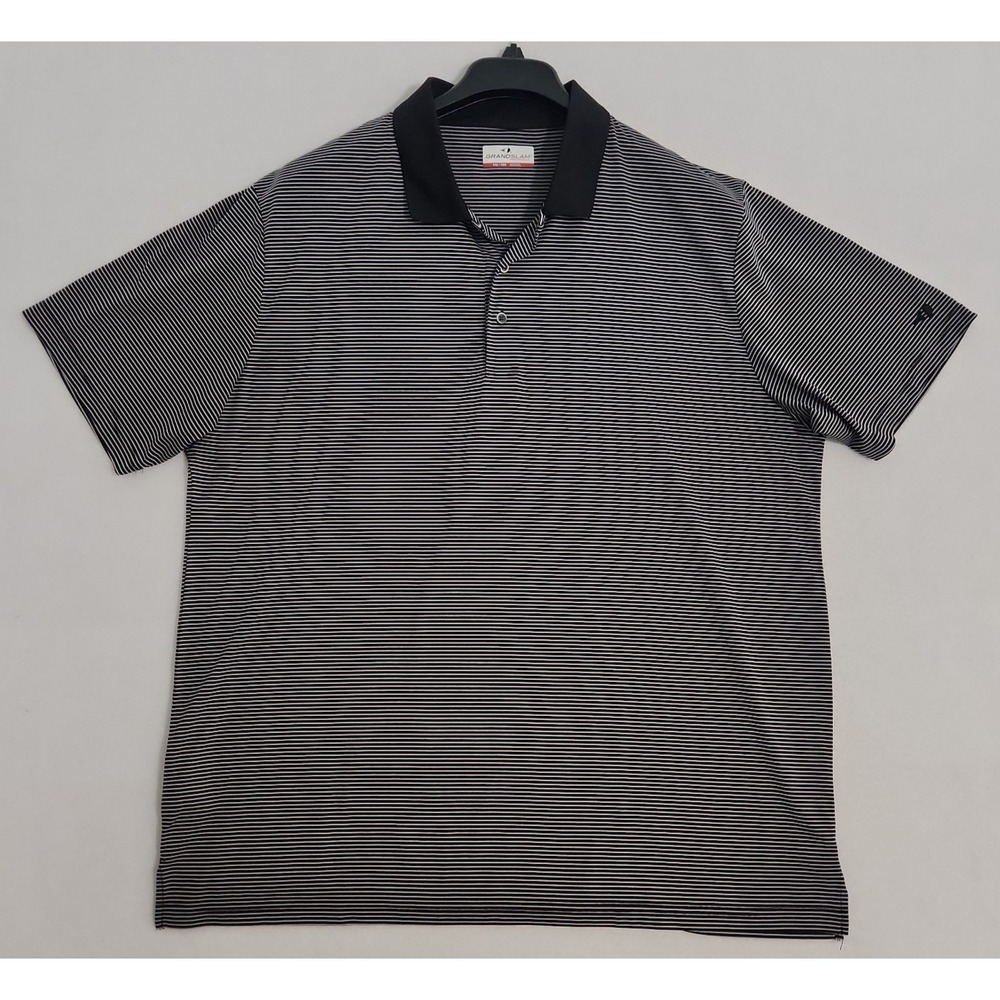Mens Grand Slam Polo Golf Shirt Mens Black Gray Striped Short Sleeve XXL